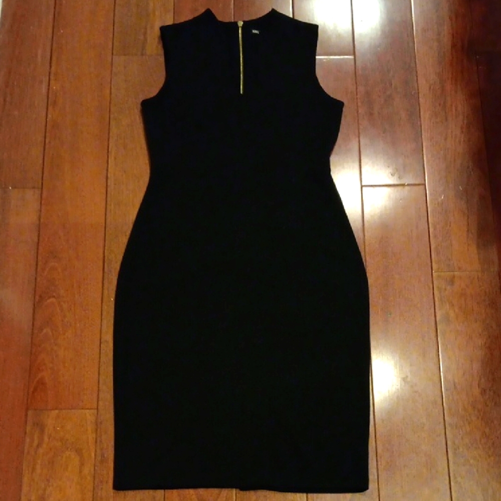 Nina Leonard Black Mock Neck Sheath Midi Dress